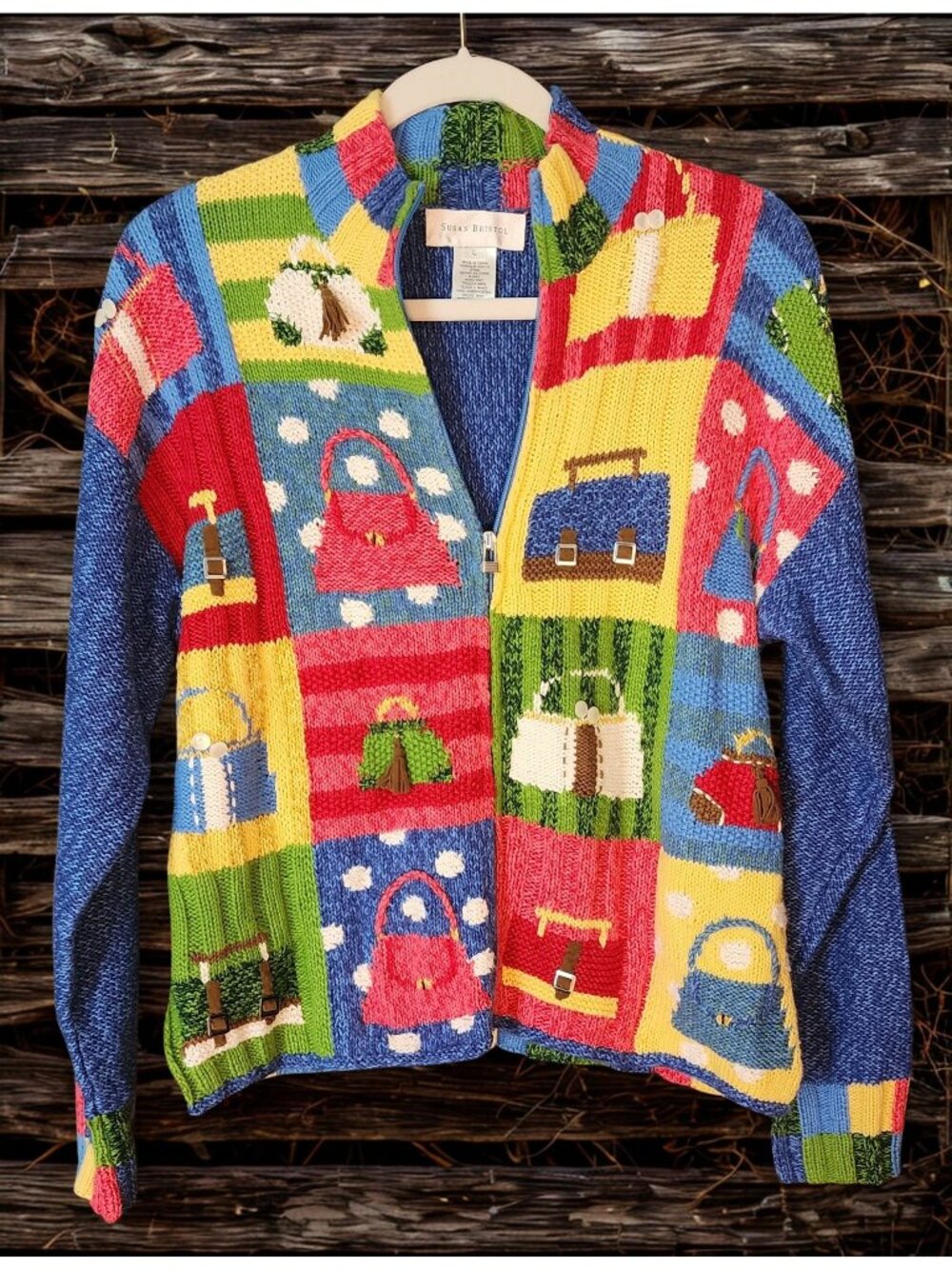 Susan Bristol Cardigan L 2001 Hand Knit Embroidered Handbags Purses Y2K Vintage